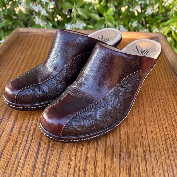 Söfft Mahogany Brown Embossed Leather Clogs Mules Dress Shoes Women's Size 8M - Picture 1 of 10